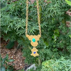 Vintage Etruscan Florenza Gold Brutalist Blue Green Cabochon Pendant Necklace.